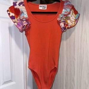 BUCKETLIST Vibrant Orange Bodysuit with Floral Ruffles